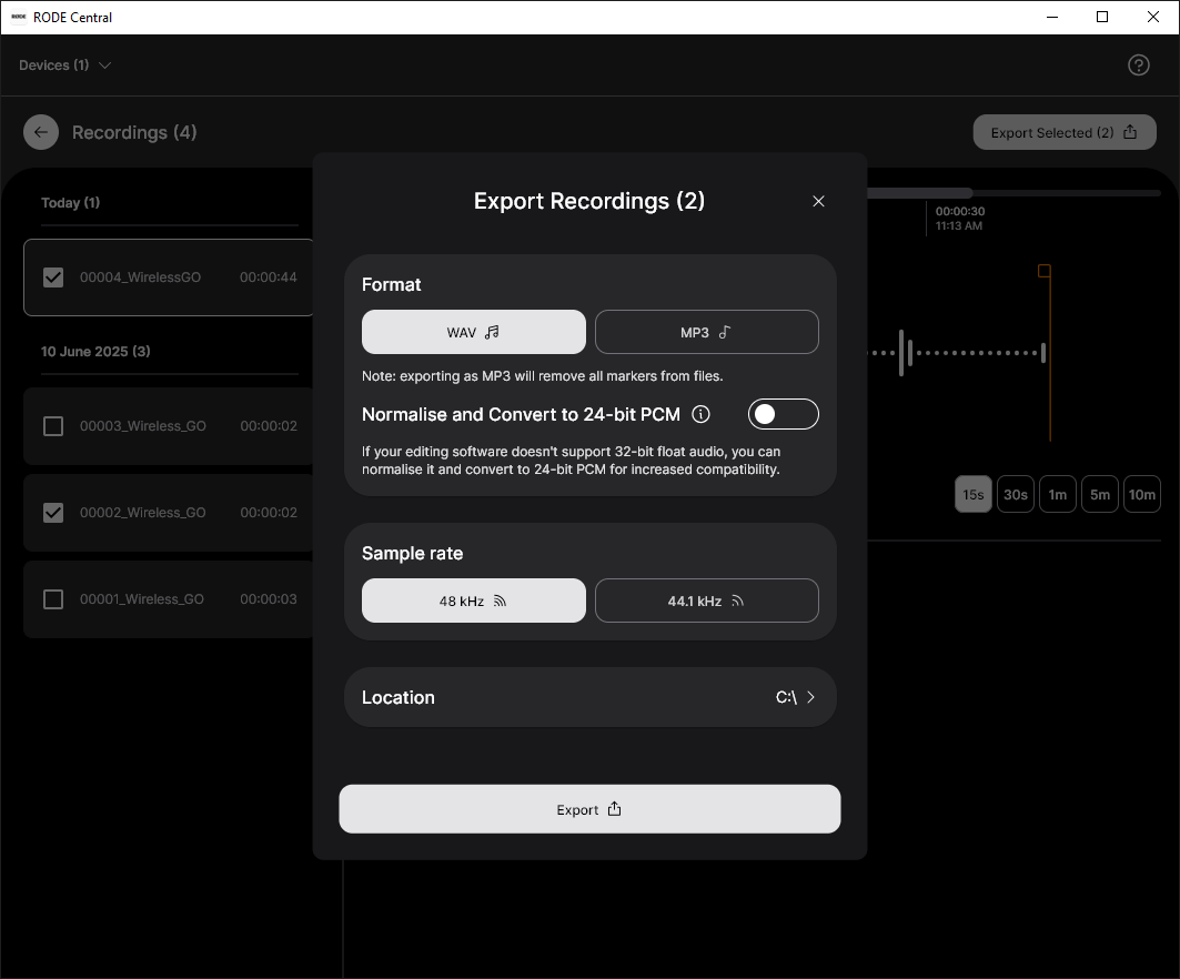 Bit Depth settings in RØDE Central for Wireless GO (Gen 3)